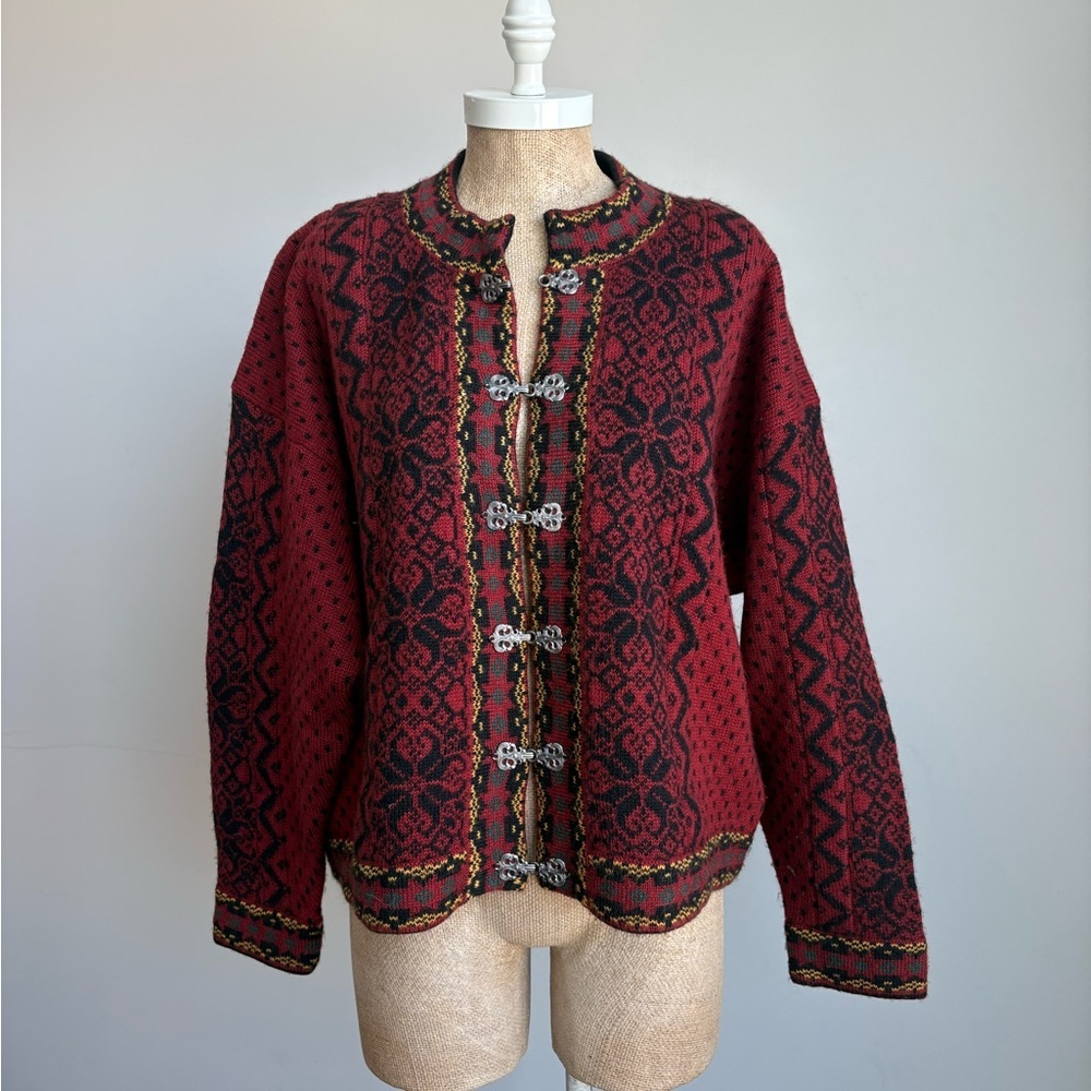Vintage Windfjord Norwegian Wool Cardigan Red Nordic Sweater 100% Wool XL - Picture 8 of 8